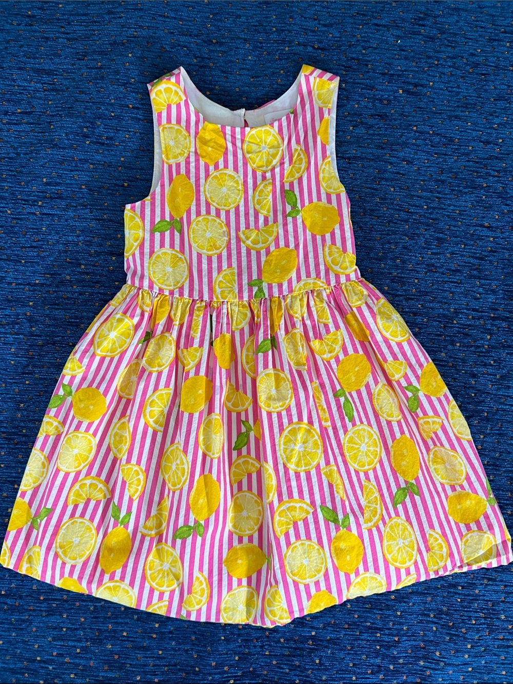 Tommy Bahama Pink & Yellow Lemon Print striped cotton dress size 7 **sm stain**